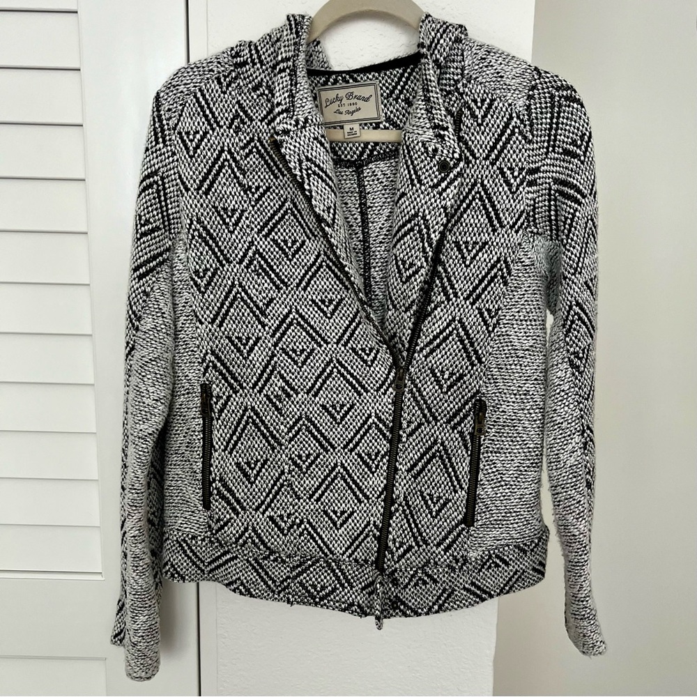 Lucky Black and White Zip Hooded Moto Jacket Size Medium